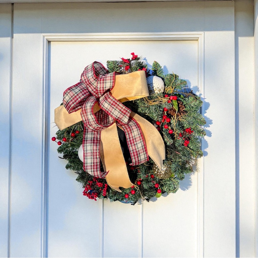 Festive Christmas Pine Holiday Wreath with Gold and Red Accents, 23‎ inches wide